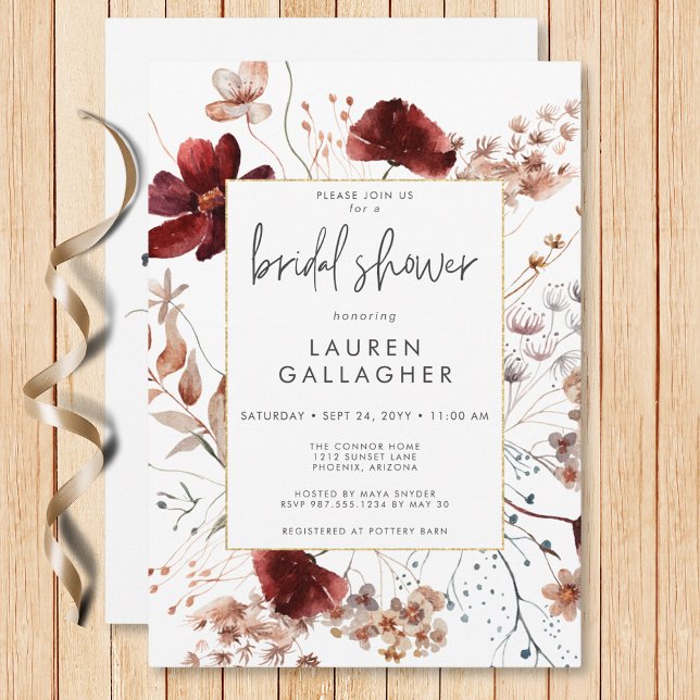 Invitación Moderna Caída Rust Flor de flores silvestres Ducha (Modern Fall Rust Wildflower Frame Bridal Shower Invitation)