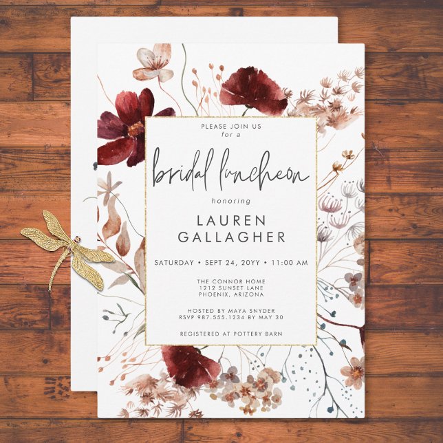 Invitación Moderna Caída Rust Marco de Flor Silvestre Bridal  (Modern Fall Rust Wildflower Frame Bridal Luncheon Invitation)