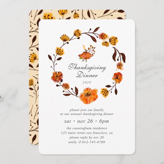 Invitación Moderna Calabaza Floral Acción de Gracias (Anverso / Reverso)