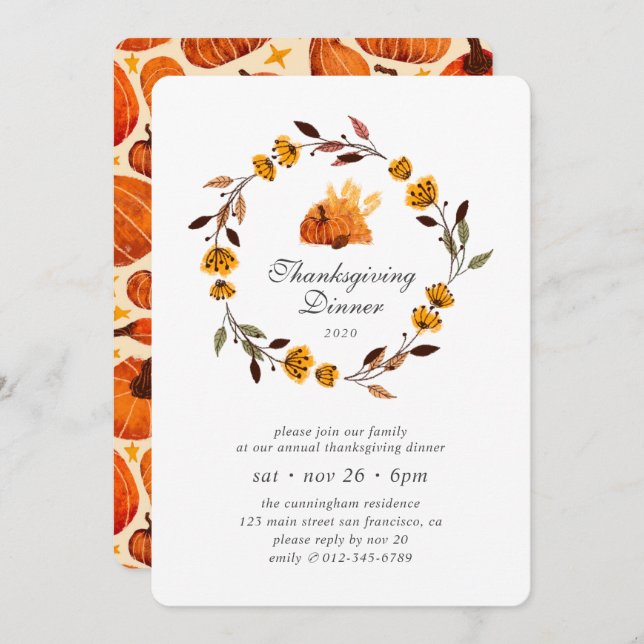 Invitación Moderna Calabaza Floral Acción de Gracias (Anverso / Reverso)