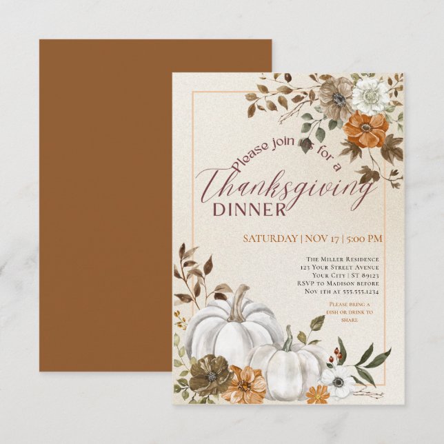 Invitación Moderna Calabaza Floral Día de Acción de Gracias C (Anverso / Reverso)