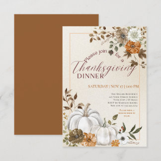 Invitación Moderna Calabaza Floral Día de Acción de Gracias C