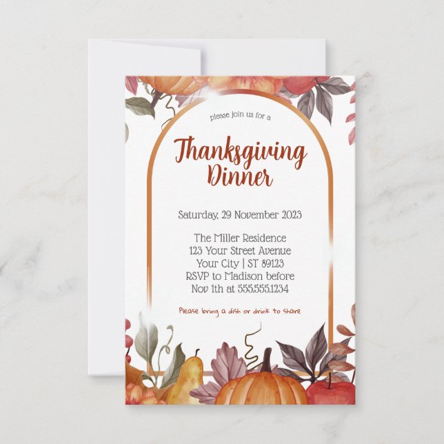 Invitación Moderna Calabaza Floral Día de Acción de Gracias C (Anverso)