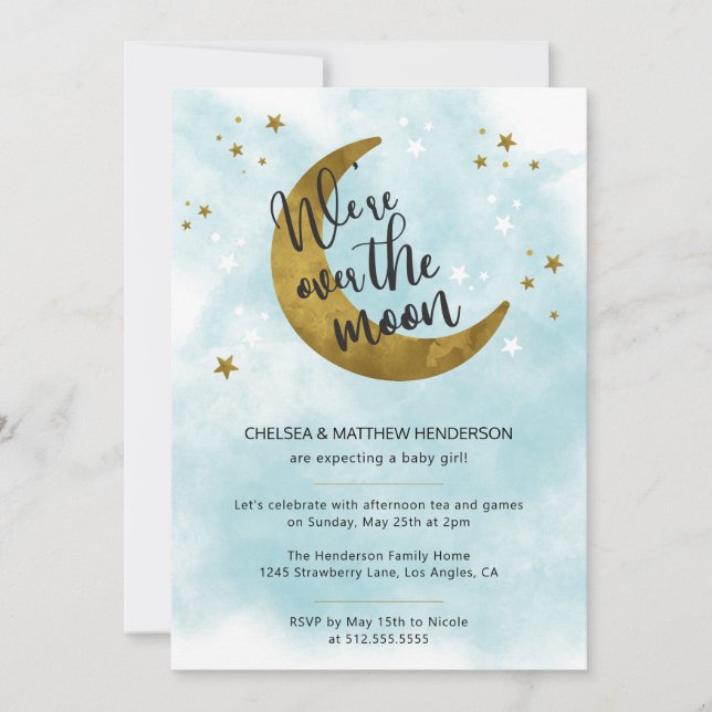 Invitación Moderna Caligrafía Azul Sobre La Luna Baby Shower (Anverso)