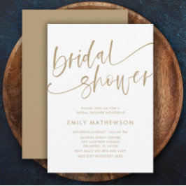 Invitación Moderna caligrafía blanca y dorada ducha de novia