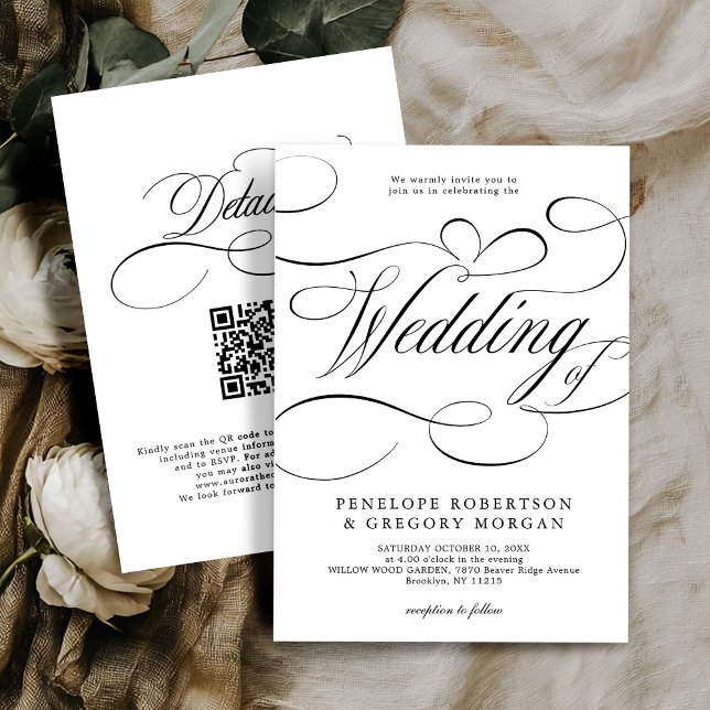 Invitación Moderna caligrafía boda de código QR blanco negro (Modern calligraphy black white QR code on back wedding Invitation)