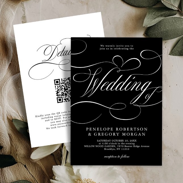 Invitación Moderna caligrafía boda de código QR blanco negro (Modern calligraphy black and white QR code on back wedding Invitation)