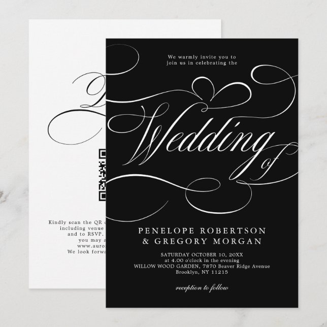 Invitación Moderna caligrafía boda de código QR blanco negro (Anverso / Reverso)