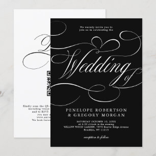 Invitación Moderna caligrafía boda de código QR blanco negro
