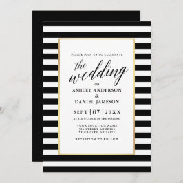 Invitación Moderna caligrafía Boda de rayas de marco dorado