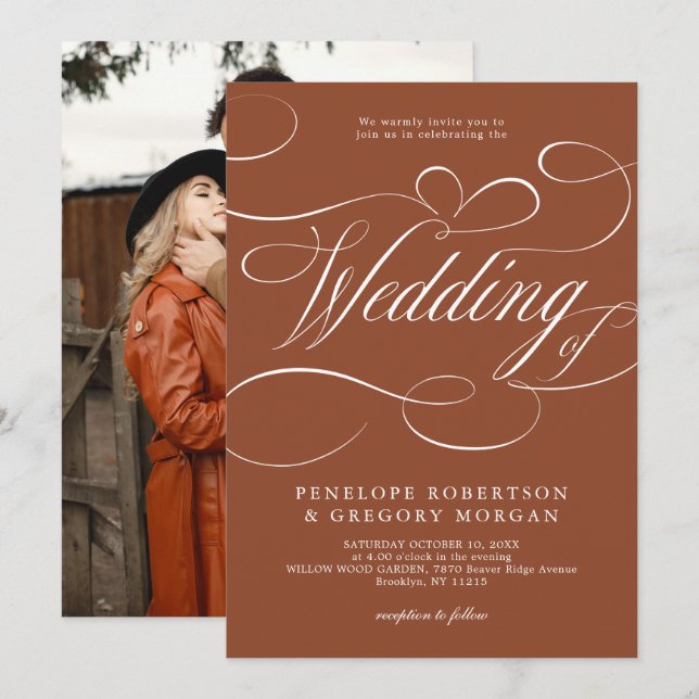 Invitación Moderna caligrafía Boda de terracota intemporal (Anverso / Reverso)