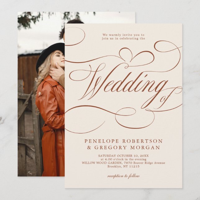 Invitación Moderna caligrafía Boda de terracota intemporal (Anverso / Reverso)