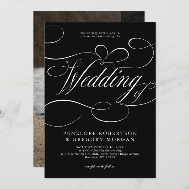 Invitación Moderna caligrafía boda negro plateado eterno (Anverso / Reverso)