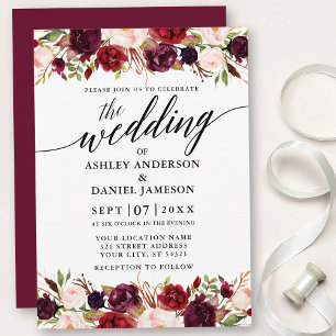 Invitación Moderna caligrafía Borgoña Floral Elegante Boda