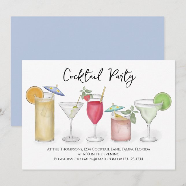 Invitación Moderna caligrafía Cócteles Bebe Watercolor Divers (Anverso / Reverso)