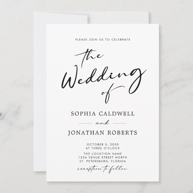 Invitación Moderna caligrafía de moda Boda blanco y negro (Anverso)