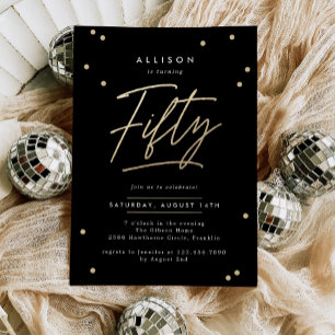 Invitación Moderna caligrafía de oro negro 50 cumpleaños