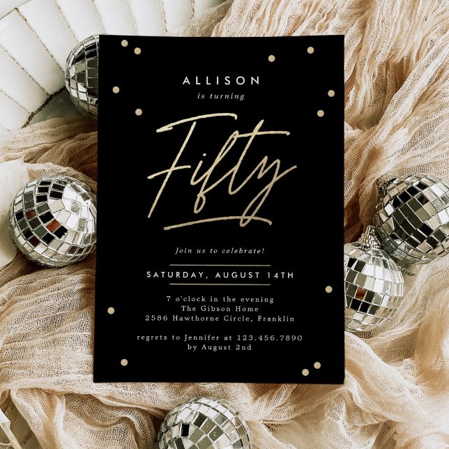 Invitación Moderna caligrafía de oro negro 50 cumpleaños (Subido por el creador)