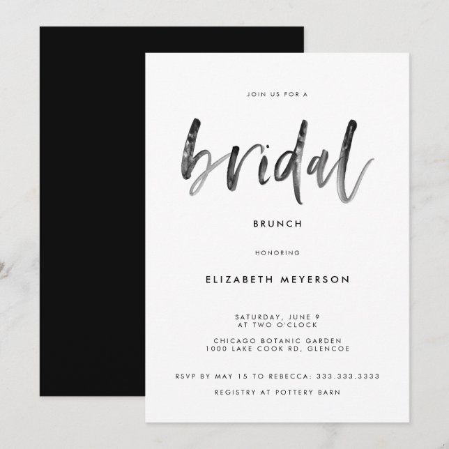 Invitación Moderna caligrafía de pincel blanco negro ducha de (Anverso / Reverso)