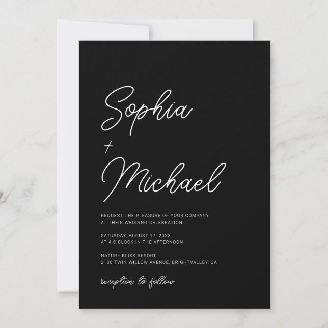 Invitación Moderna caligrafía dramática Boda blanco negro (Anverso)