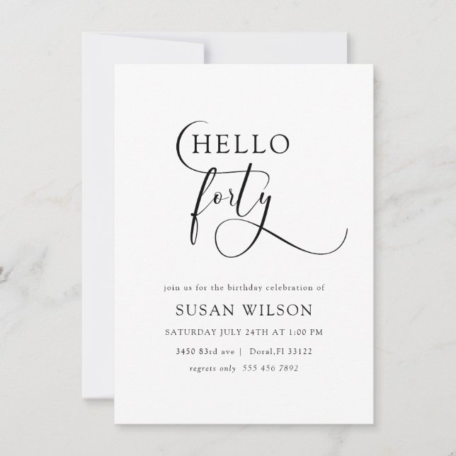 Invitación Moderna caligrafía elegante 40 cumpleaños (Anverso)