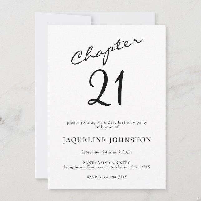 Invitación Moderna caligrafía elegante cumpleaños 21 (Anverso)