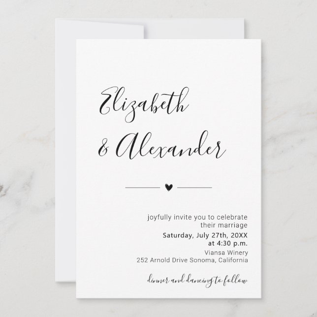 Invitación Moderna caligrafía elegante guión Boda del corazón (Anverso)