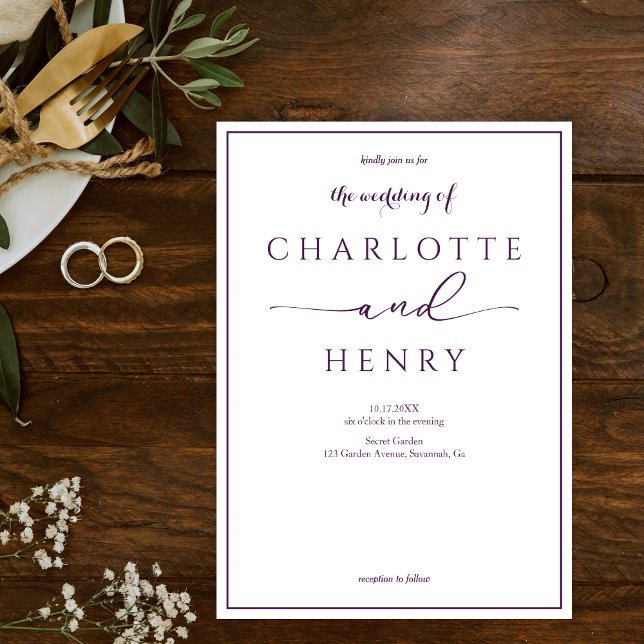 Invitación Moderna caligrafía elegante guión Boda púrpura (Subido por el creador)