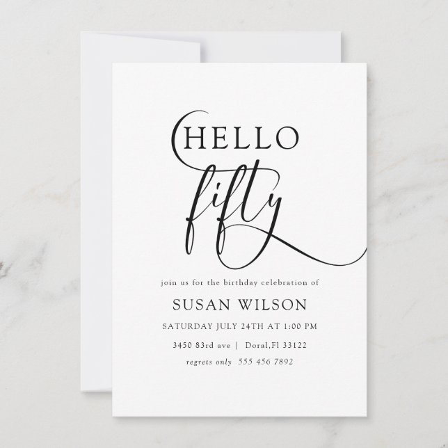 Invitación Moderna caligrafía elegante Hola 50 cumpleaños (Anverso)