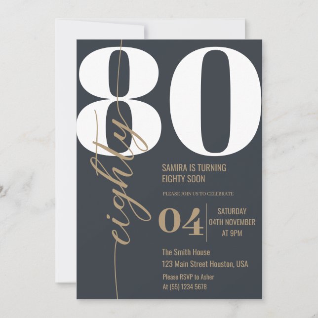 Invitación Moderna caligrafía elegante OCHENTA Y 80 cumpleaño (Anverso)