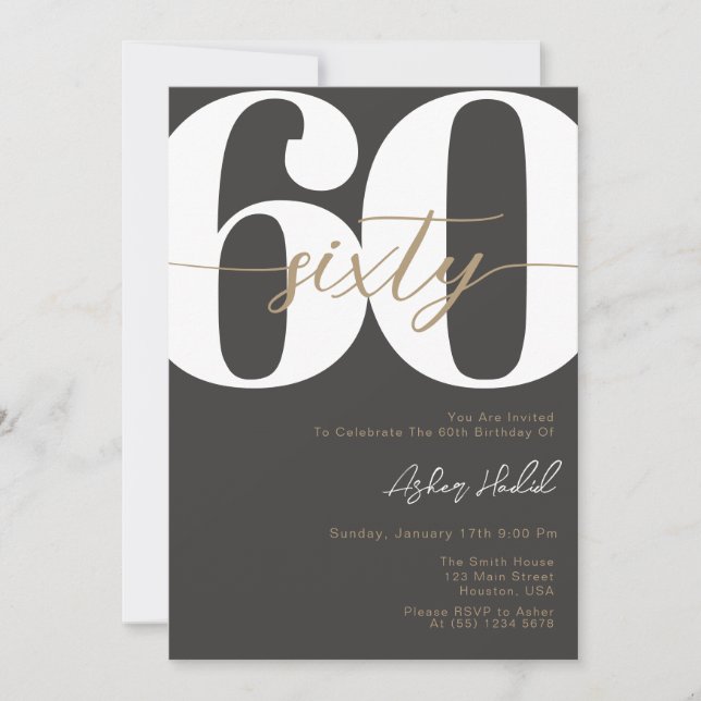 Invitación Moderna caligrafía elegante SESENTA cumpleaños núm (Anverso)