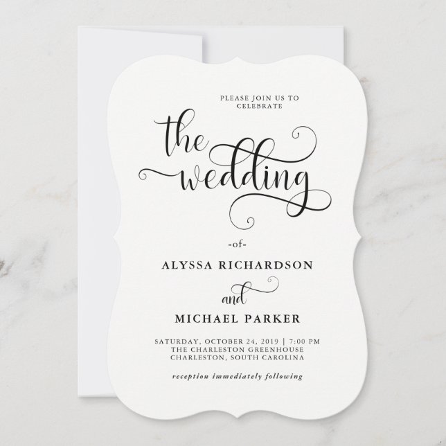 Invitación Moderna caligrafía en blanco y negro Boda (Anverso)