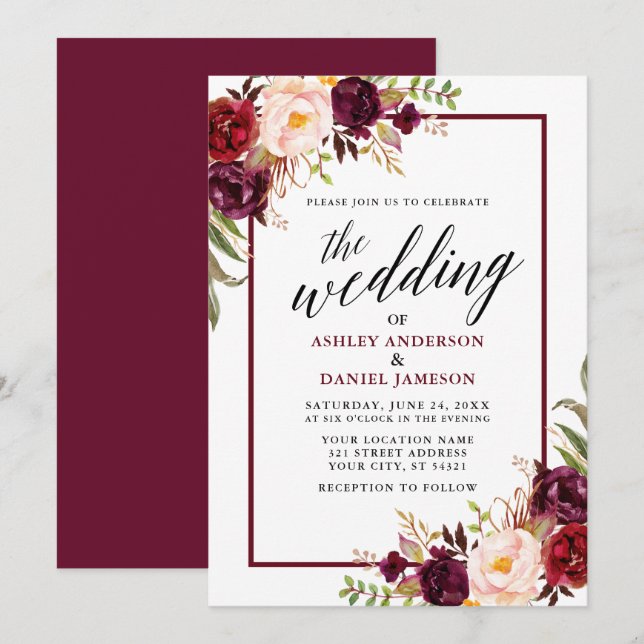 Invitación Moderna caligrafía Floral Borgoña Boda de marco (Anverso / Reverso)