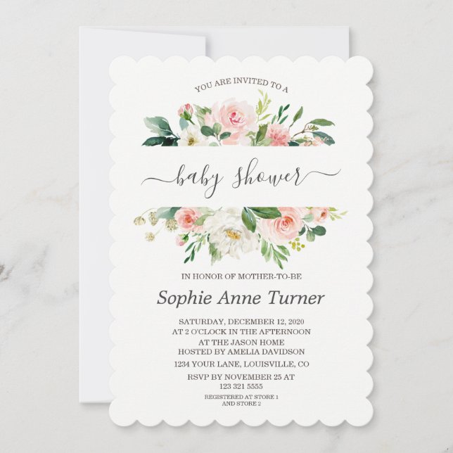 Invitación Moderna caligrafía floral crema rosa Baby Shower (Anverso)