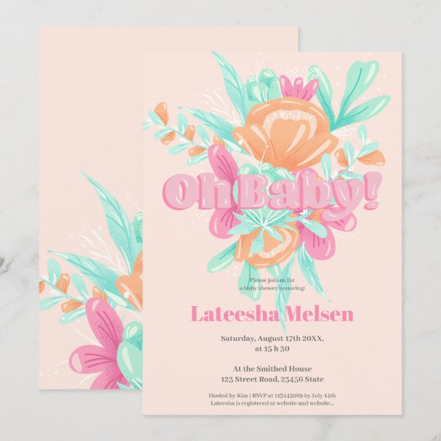Invitación Moderna caligrafía floral rosa retro ducha bebé (Anverso / Reverso)