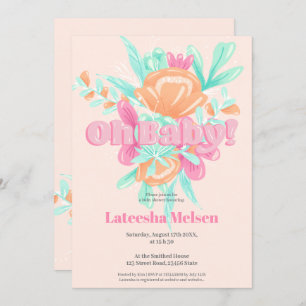 Invitación Moderna caligrafía floral rosa retro ducha bebé