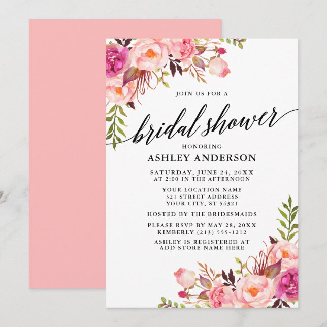 Invitación Moderna caligrafía Floral rosa Rubor ducha de novi (Anverso / Reverso)