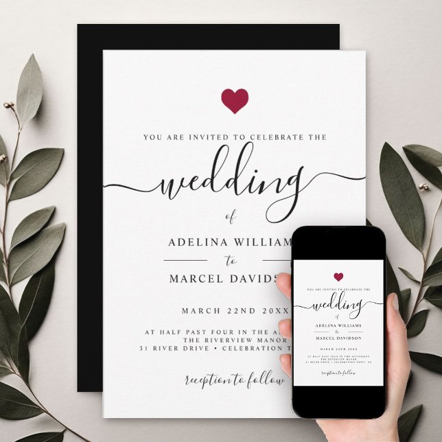 Invitación Moderna caligrafía mínima Boda del corazón rojo (Subido por el creador)