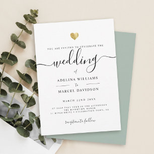 Invitación Moderna caligrafía minimal Boda de verde oro