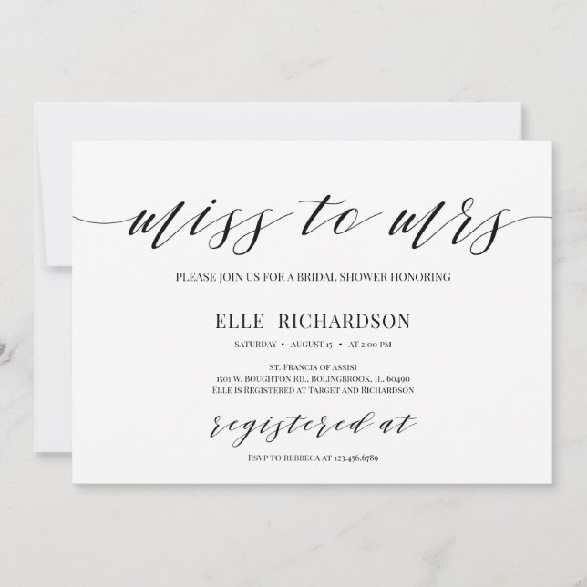 Invitación Moderna caligrafía miss para la ducha nupcial de l (Anverso)