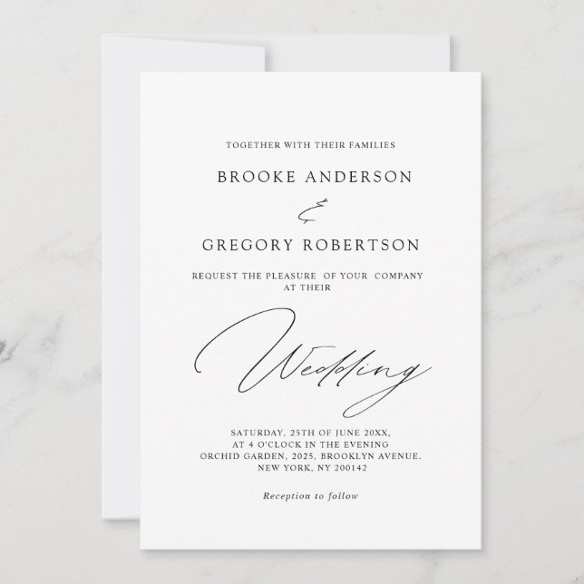 Invitación Moderna caligrafía negra Boda Minimalista simple (Anverso)