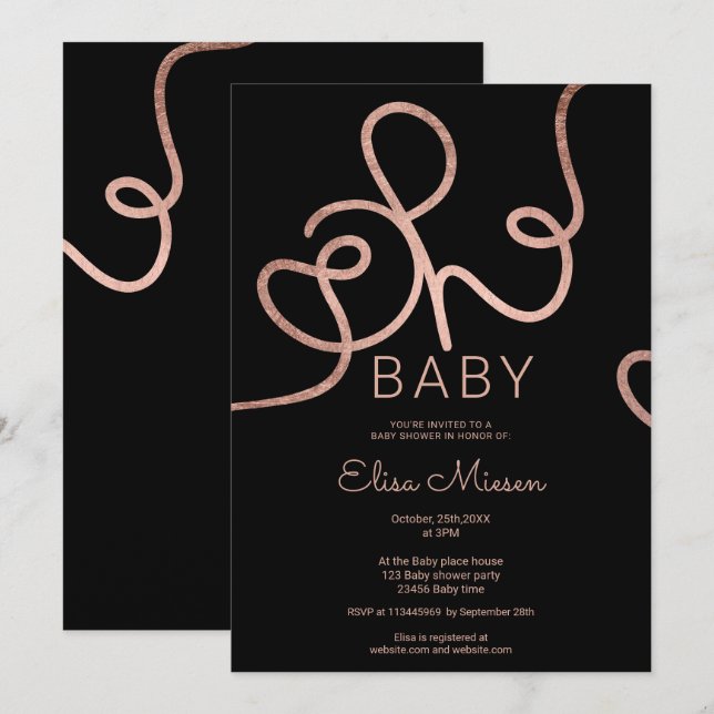 Invitación Moderna caligrafía negra de oro rosa Oh ducha de b (Anverso / Reverso)