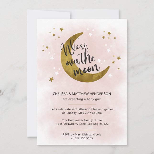 Invitación Moderna caligrafía rosa sobre la luna Baby Shower (Anverso)