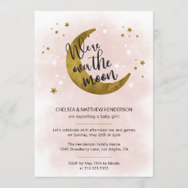 Invitación Moderna caligrafía rosa sobre la luna Baby Shower