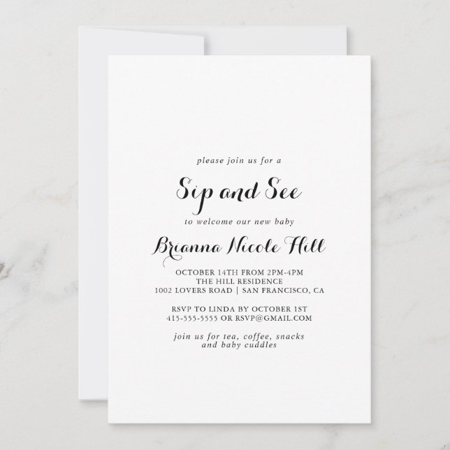 Invitación Moderna caligrafía Sip y Ver (Anverso)