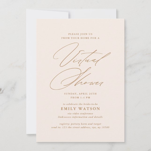 Invitación Moderna caligrafía - Virtual Bridal Shower Gold (Anverso)