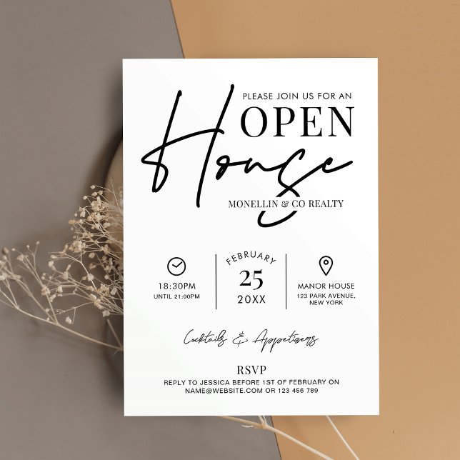 Invitación Moderna Casa Abierta Negra Negra Inmobiliaria Blan (Modern Open House Invitation design in black and white, perfect to promote your next event)