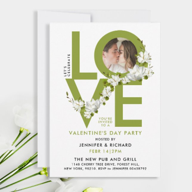 Invitación Moderna celebración de amor verde guión foto flora (Subido por el creador)