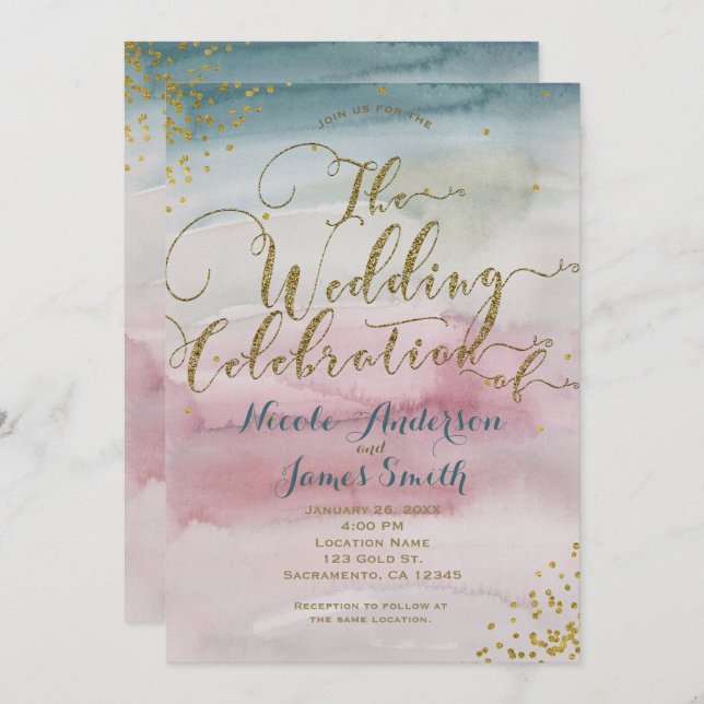 Invitación Moderna celebración de Bodas de oro en Glam Waterc (Anverso / Reverso)