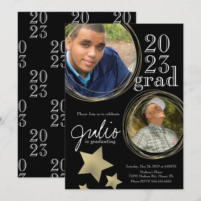 Invitación Moderna celebración de graduación Foto de oro negr (Anverso / Reverso)
